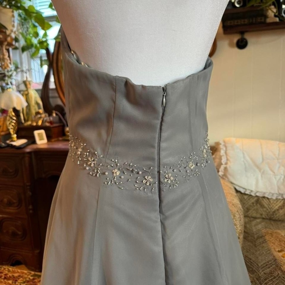 Vintage Strapless Beaded Waist Formal Gown Gray A-Line Evening Dress Prom - Picture 5 of 8